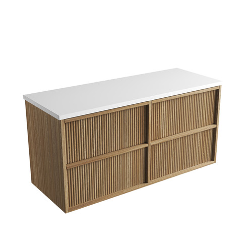 Venetta Fluted Framed Wall-Hung 1200mm Harvest Oak Cabinet 1200x468x585mm with Pure Flat Stone Top [320258]