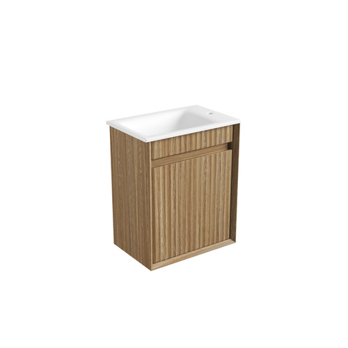 Mini Ravia Fluted Wall-Hung 450mm Harvest Oak Cabinet 440x292x847mm with Sintera Square Stone Top with Tap Hole [320270]