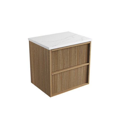 Venetta Fluted Framed Wall-Hung 600mm Harvest Oak Cabinet 600x468x585mm with Palis White Flat Stone Top [320273]