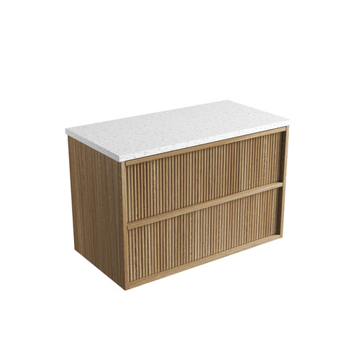 Venetta Fluted Framed Wall-Hung 900mm Harvest Oak Cabinet 900x468x585mm with Snow Flat Stone Top [320386]