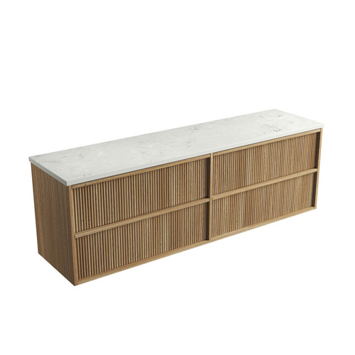 Venetta Fluted Framed Wall-Hung 1800mm Double Harvest Oak Cabinet 1800x468x585mm with Alpine Flat Stone Top [320365]