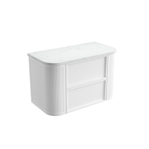 Ramee Fluted Wall-Hung 900mm Matte White Cabinet 900x465x565mm with Cato Flat Stone Top [320362]