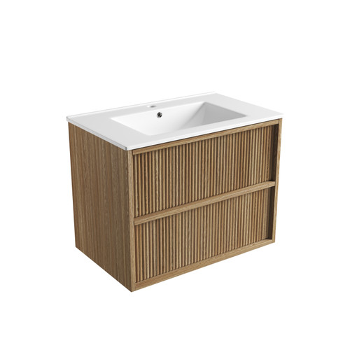 Venetta Fluted Framed Wall-Hung 750mm Harvest Oak Cabinet 750x468x585mm with Crystal Ceramic Top [320406]