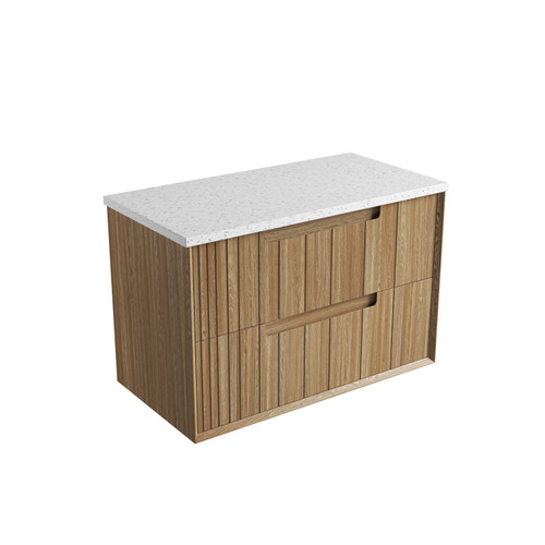 Voulari Framed Wall-Hung 900mm Harvest Oak Cabinet 600x468x585mm with Snow Flat Stone Top [320393]