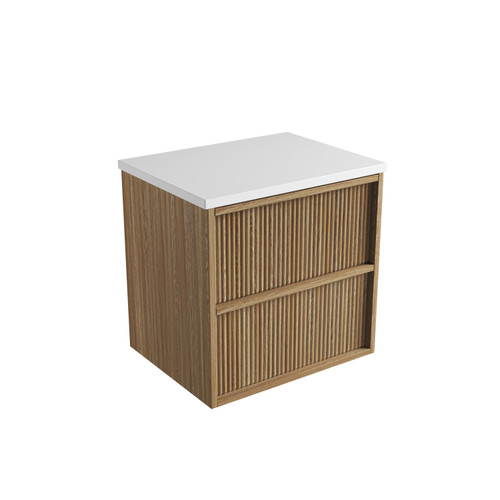 Venetta Fluted Framed Wall-Hung 600mm Harvest Oak Cabinet 600x468x585mm with Pure Flat Stone Top [320355]