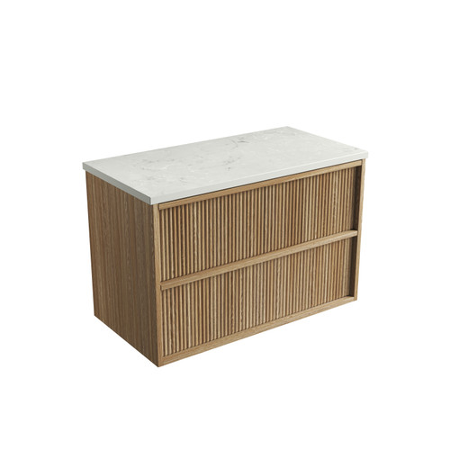 Venetta Fluted Framed Wall-Hung 900mm Harvest Oak Cabinet 900x468x585mm with Alpine Flat Stone Top [320356]
