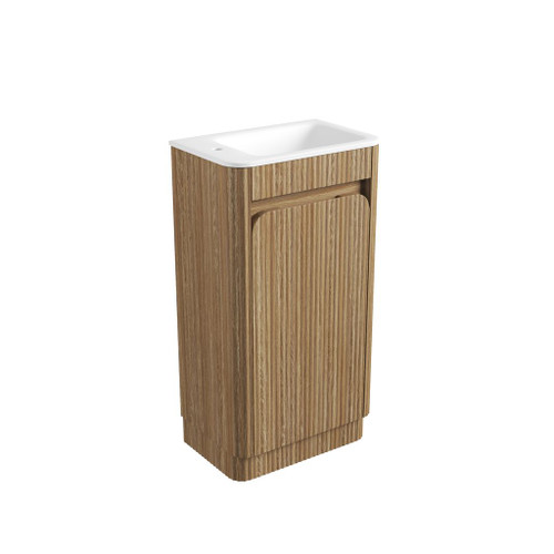 Mini Hartelle Fluted Floor-Standing 470mm Harvest Oak Cabinet 450x480x847mm with Sintera Curved Stone Top with Left Side Tap Hole [320391]