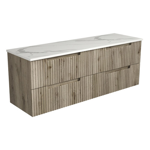 Tuscana Wall Hung Wave Groove Finger Pull Cabinet 1500 x 460 x 540mm Single Bowl with Palis White Flat Soild Surface Stone Top [301153]