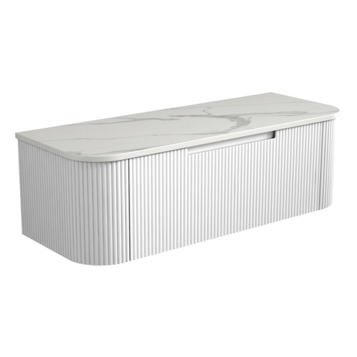 Petra Wall Hung Curving V Groove Matte White Finger Pull Cabinet1200 x 460 x 350mm with Alpine Flat Stone Top [301280]