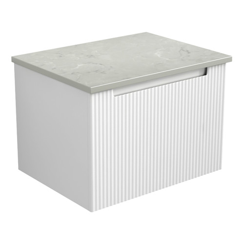 Perla Mark II Wall Hung V Groove Matte White Finger Pull Cabinet 600 x 460 x 400mm with Cato Flat Stone Top [301066]