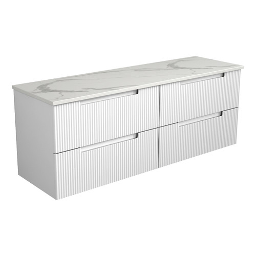 Verona Mark II Wall Hung V Groove Matte White Finger Pull Cabinet 1500 x 460 x 540 Double Bowlmm with Snow Flat Stone Top [301237]