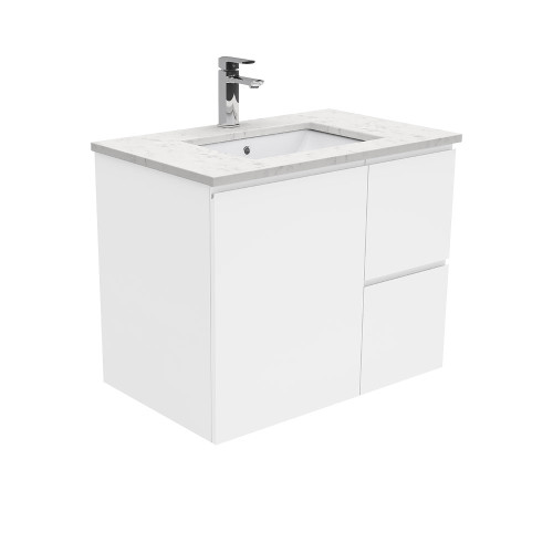 SARAH Bianco Marble 750 + Gloss White Fingerpull Wall-Hung/ RIGHT drawers-1 Taphole [165847]