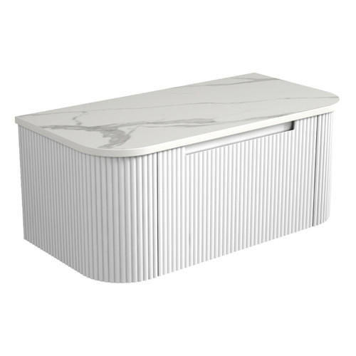 Petra Wall Hung Curving V Groove Matte White Finger Pull Cabinet900 x 460 x 350mm with Pure Flat Stone Top [300763]