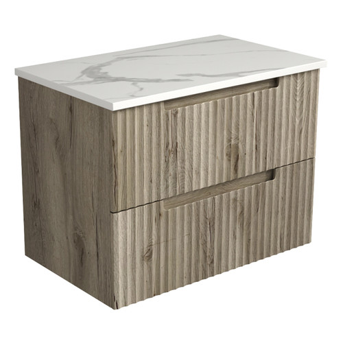 Tuscana Wall Hung Wave Groove Finger Pull Cabinet 750 x 460 x 540mm with Palis White Flat Soild Surface Stone Top [301248]