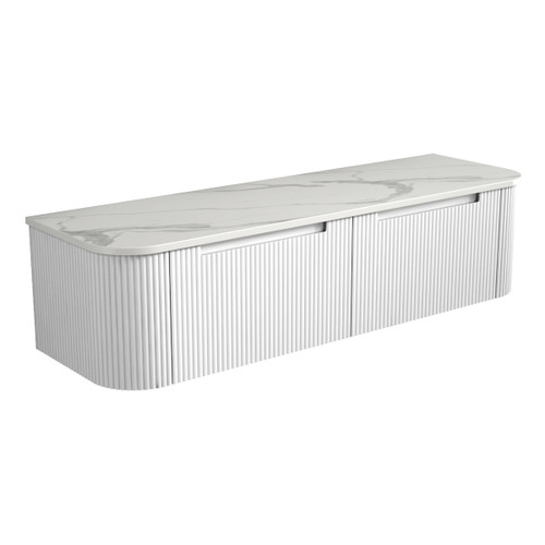 Petra Wall Hung Curving V Groove Matte White Finger Pull Cabinet1500 x 460 x 350mm with Snow Flat Stone Top [300946]