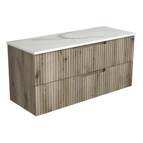 Tuscana Wall Hung Wave Groove Finger Pull Cabinet 1200 x 460 x 540mm with Palis White Flat Soild Surface Stone Top [300963]