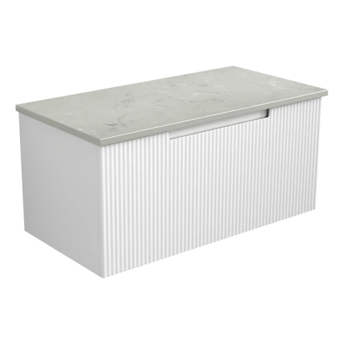 Perla Mark II Wall Hung V Groove Matte White Finger Pull Cabinet 900 x 460 x 400mm with Cato Flat Stone Top [300843]