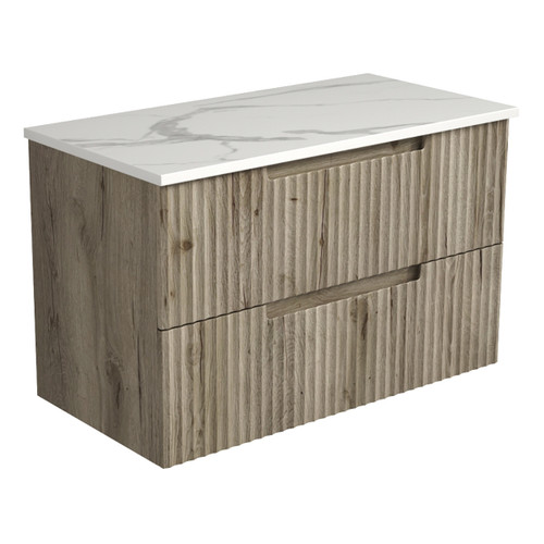 Tuscana Wall Hung Wave Groove Finger Pull Cabinet 900 x 460 x 540mm with Palis White Flat Soild Surface Stone Top [301062]
