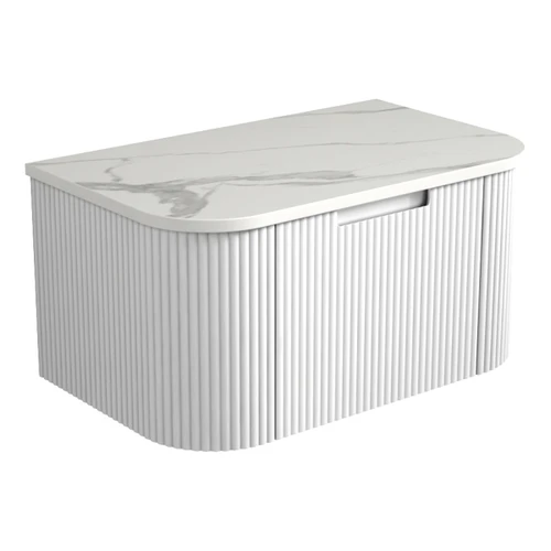 Petra Wall Hung Curving V Groove Matte White Finger Pull Cabinet 750 x 460 x 350mm with Alpine Flat Stone Top [301001]