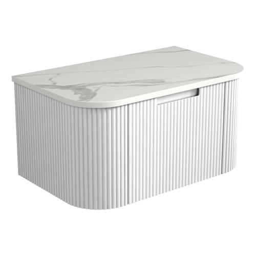 Petra Wall Hung Curving V Groove Matte White Finger Pull Cabinet 750 x 460 x 350mm with Cato Flat Stone Top [301022]