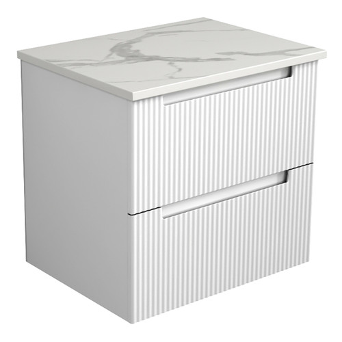 Verona Mark Ii Wall Hung V Groove Matte White Finger Pull Cabinet 600 x 460 x 540mm with Palis White Flat Soild Surface Stone Top [301102]