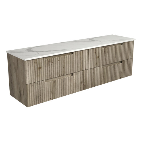 Tuscana Wall Hung Wave Groove Finger Pull Cabinet 1800 x 460 x 540mm Double Bowls with Cato Flat Stone Top [301144]