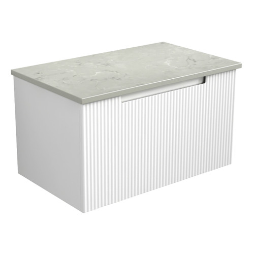 Perla Mark Ii Wall Hung V Groove Matte White Finger Pull Cabinet 750 x 460 x 400mm with Palis White Flat Soild Surface Stone Top [301151]