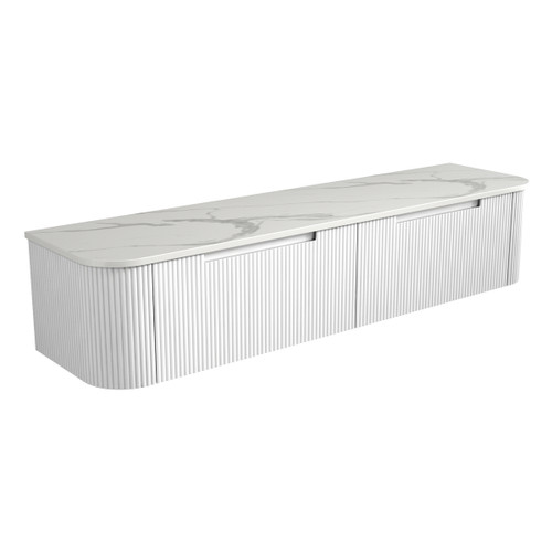 Petra Wall Hung Curving V Groove Matte White Finger Pull Cabinet1800 x 460 x 350mm with Palis White Flat Soild Surface Stone Top [301212]