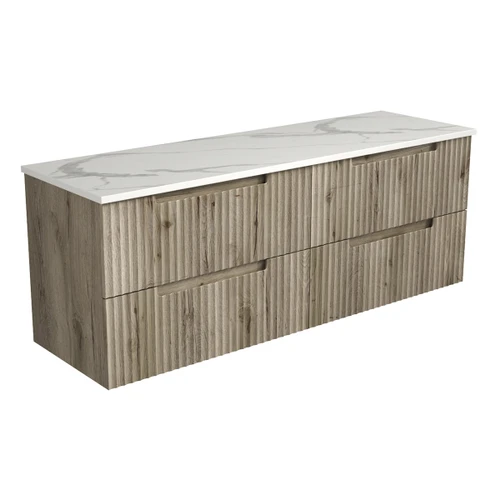 Tuscana Wall Hung Wave Groove Finger Pull Cabinet 1500 x 460 x 540mm Double Bowl with Palis White Flat Soild Surface Stone Top [300988]