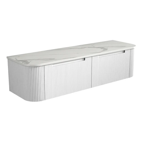 Petra Wall Hung Curving V Groove Matte White Finger Pull Cabinet1500 x 460 x 350mm with Pure Flat Stone Top [301162]