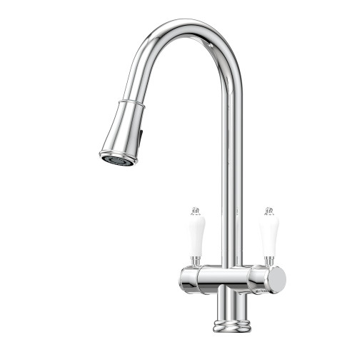 Xquisite 316 Stainless Steel Provincial Xpressfit Retractable Twin Handle Tap Chrome with Porcelain Handles [319794]