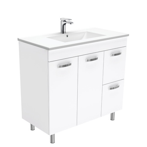 Dolce Ceramic UniCab Vanity on Legs Left Drawers Solid/Handle White 900mm 1TH [165266]