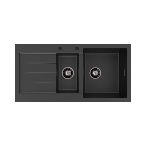 Kuro Granite 32L/14L Double Kitchen Sink with Drainer Right Bowl 1 Tap Hole Matte Black [318339]