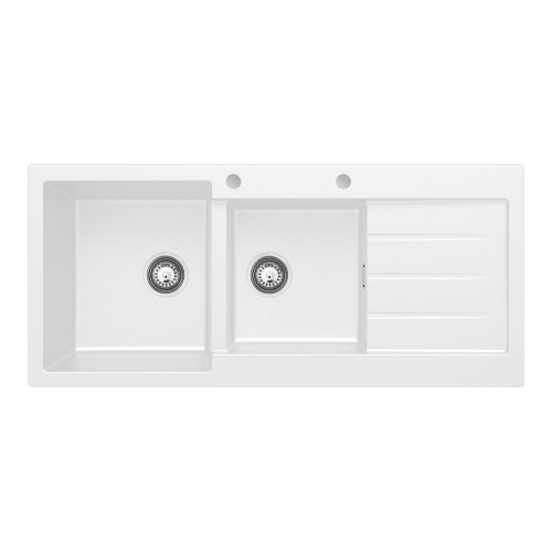 Kuro Granite 32L/22L Double Kitchen Sink with Drainer Left Bowl 2 Tap Holes Matte White [318333]