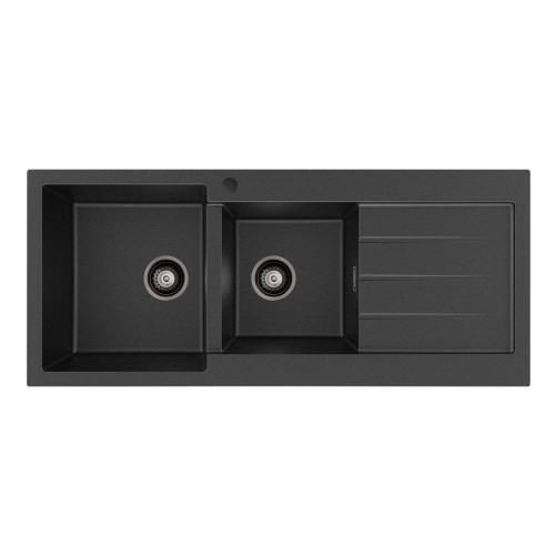 Kuro Granite 32L/22L Double Kitchen Sink with Drainer Left Bowl 1 Tap Hole Matte Black [318329]