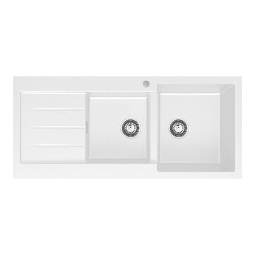 Kuro Granite 32L/22L Double Kitchen Sink with Drainer Right Bowl 1 Tap Hole Matte White [318341]