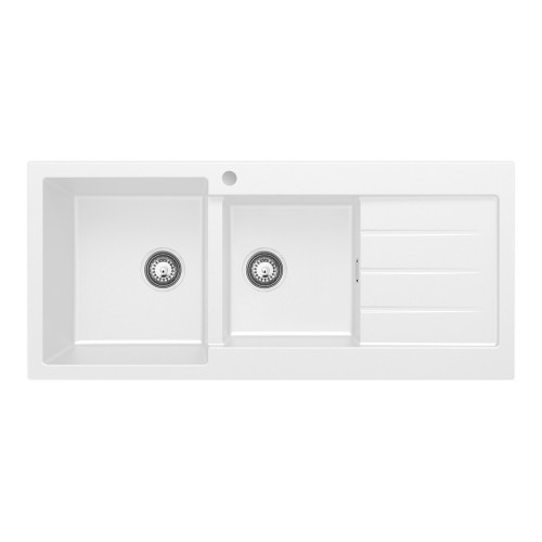 Kuro Granite 32L/22L Double Kitchen Sink with Drainer Left Bowl 1 Tap Hole Matte White [318342]