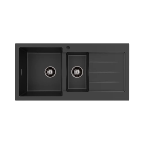 Kuro Granite 32L/14L Double Kitchen Sink with Drainer Left Bowl 1 Tap Hole Matte Black [318343]