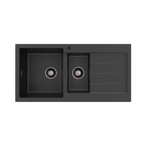 Kuro Granite 32L/14L Double Kitchen Sink with Drainer Left Bowl 1 Tap Hole Matte Black [318343]