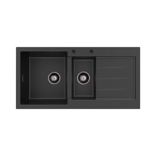 Kuro Granite 32L/14L Double Kitchen Sink with Drainer Left Bowl 2 Tap Holes Matte Black [318345]