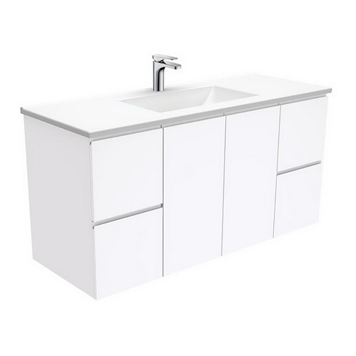 Vanessa Poly-Marble Moulded Basin-Top + Fingerpull Gloss White Cabinet Wall-Hung 2 Door 2 Drawer 1200mm 1 Tap Hole [197785]