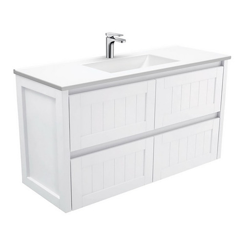Vanessa 1200mm Poly-Marble Moulded Basin-Top + Hampton Satin White Cabinet Wall-Hung 4 Drawer 1 Tap Hole [197802]