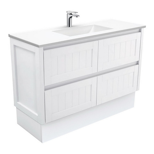 Vanessa 1200mm Poly-Marble Moulded Basin-Top + Hampton Satin White Cabinet on Kick Board 4 Drawer 1 Tap Hole [197804]
