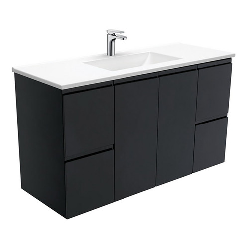 Vanessa 1200 Poly-Marble Moulded Basin-Top + Fingerpull Satin Black Cabinet Wall-Hung 1 Tap Hole [197812]