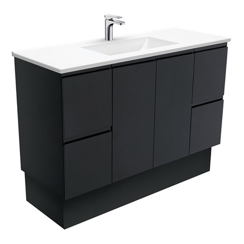 Vanessa 1200mm Poly-Marble Moulded Basin-Top + Fingerpull Satin Black Cabinet on Kick Board 1 Tap Hole [197814]