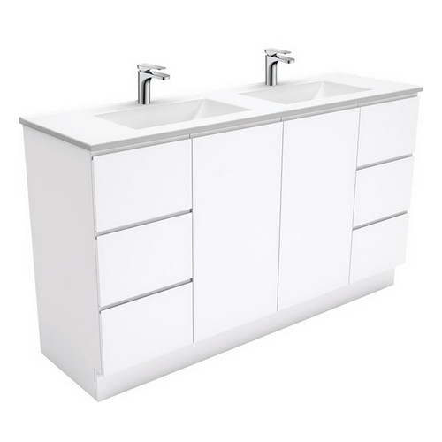 Vanessa Poly-Marble Moulded Basin-Top Double Bowl + Fingerpull Gloss White Cabinet on Kick Board 1500mm 1 Tap Hole [197818]