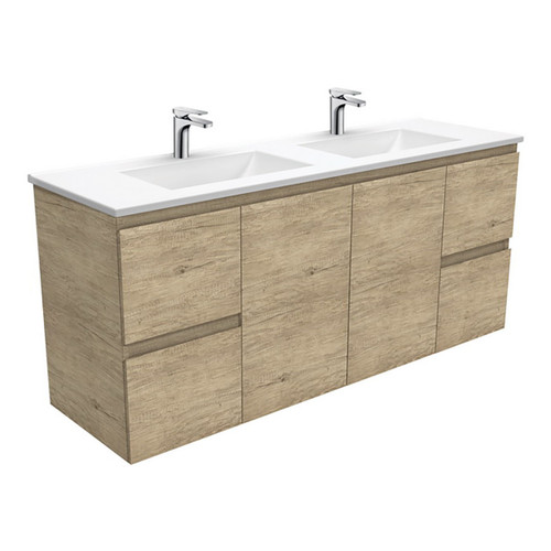 Vanessa Poly-Marble Moulded Basin-Top Double Bowl + Edge Scandi Oak Cabinet Wall-Hung 1500mm 1 Tap Hole [197830]