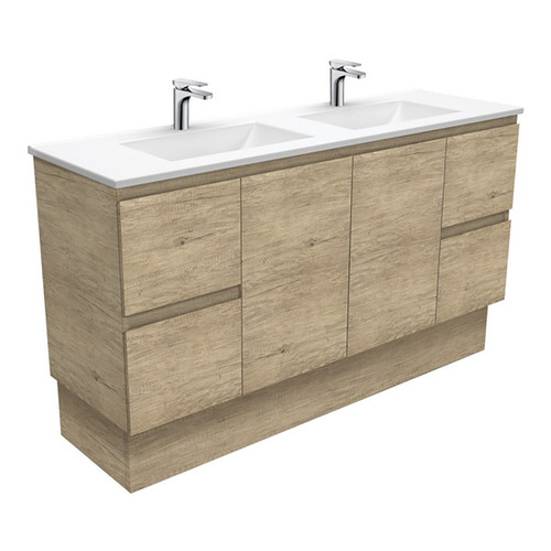 Vanessa Poly-Marble Moulded Vanitry Basin-Top Double Bowl + Edge Scandi Oak Cabinet on Kick Board 1500mm 1 Tap Hole [197832]