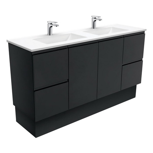 Vanessa Poly-Marble Moulded Vanitry Basin-Top Double Bowl + Fingerpull Satin Black Cabinet on Kick Board 1500mm 1 Tap Hole [197848]