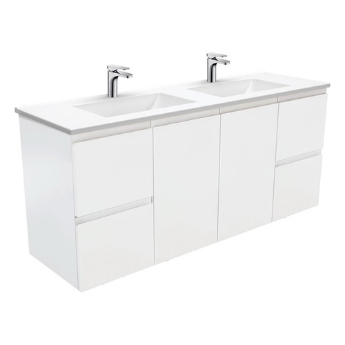 Vanessa Poly-Marble Moulded Basin-Top Double Bowl + Fingerpull Satin White Cabinet Wall-Hung 1500mm 1 Tap Hole [197854]